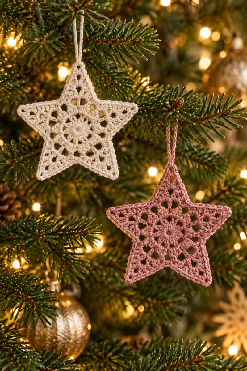 Gehäkelte Weihnachtssterne an Tannenzweigen